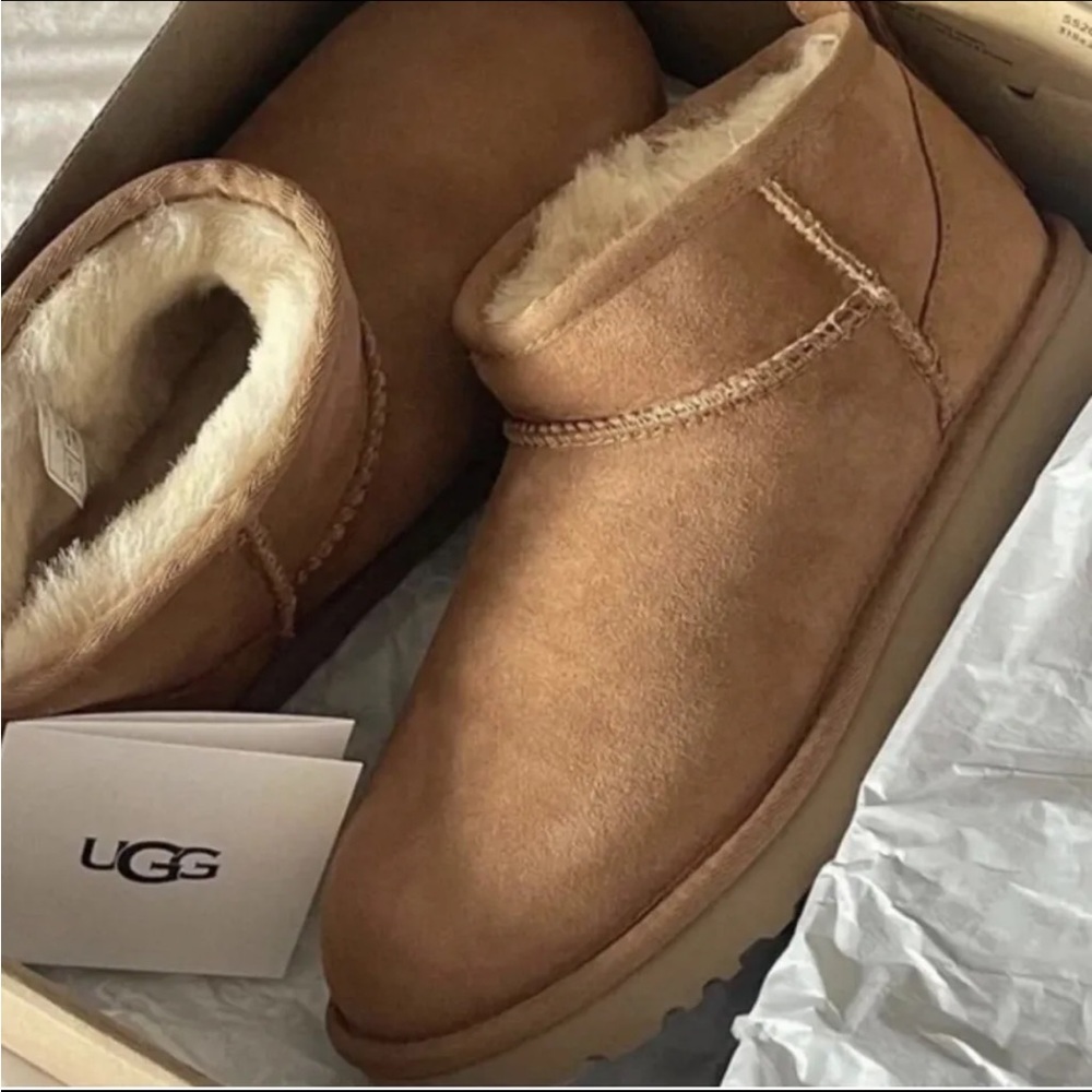 UGG ULTRA MINI Boots CHESTNUT SHEEPSKIN SUEDE - Picture 8 of 12